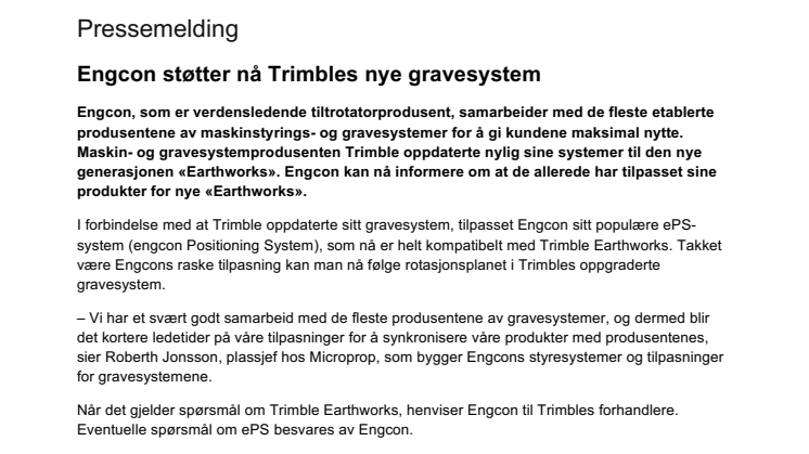 Engcon støtter nå Trimbles nye gravesystem