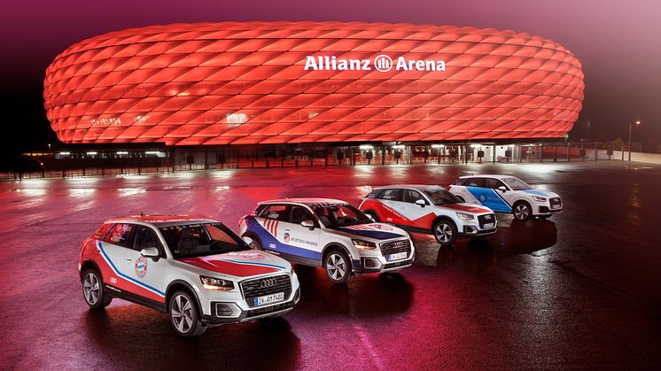 Fire Audi Q2 biler lakeret i de fire klubfarver gør reklame for Audi Cup 2017