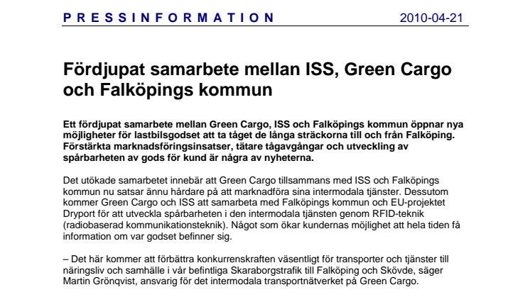 Fördjupat samarbete mellan ISS, Green Cargo och Falköpings kommun