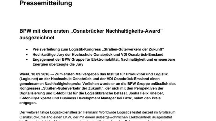 BPW mit dem ersten „Osnabrücker Nachhaltigkeits-Award“ ausgezeichnet