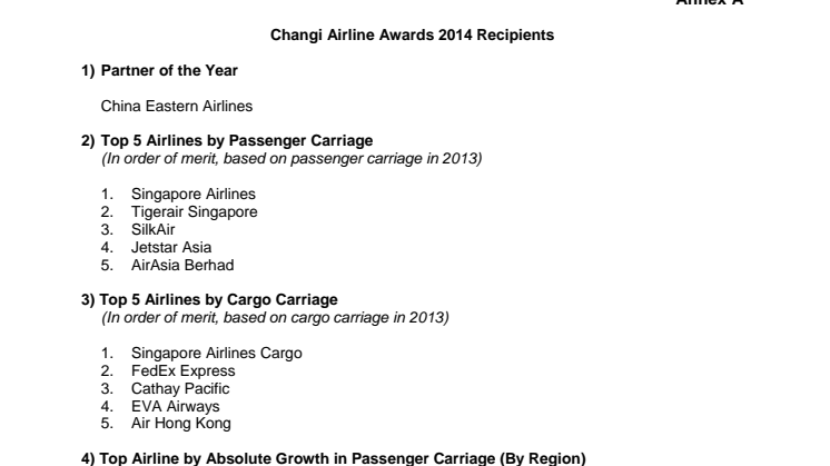 Annex A - Changi Airline Awards 2014 Recipients