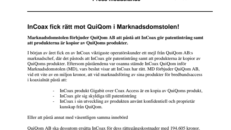 InCoax fick rätt mot QuiQom i Marknadsdomstolen!