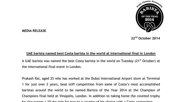 UAE barista named best Costa barista in the world at international final in London