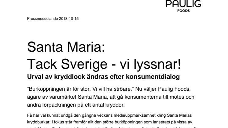 Santa Maria: Tack Sverige - vi lyssnar! Urval av kryddlock ändras efter konsumentdialog