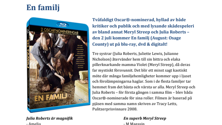 En familj (August: Osage County) på Blu-ray, dvd & digitalt 2 juli