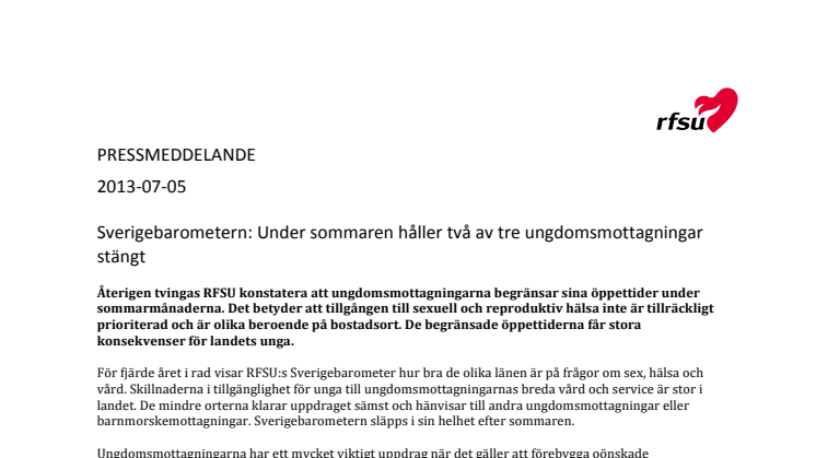 Sverigebarometern: Under sommaren håller två av tre ungdomsmottagningar stängt