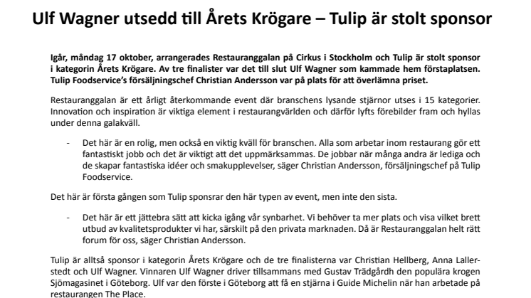Ulf Wagner utsedd till Årets Krögare – Tulip är stolt sponsor