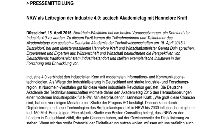 NRW als Leitregion der Industrie 4.0: acatech Akademietag mit Hannelore Kraft