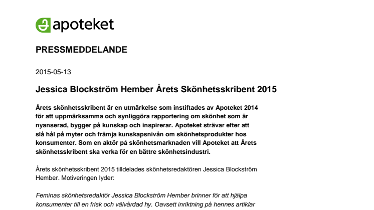 ​Jessica Blockström Hember är Årets Skönhetsskribent 2015