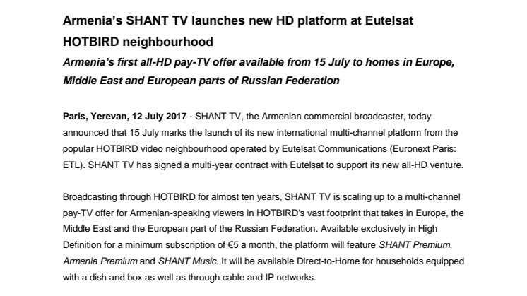 Armenia’s SHANT TV launches new HD platform at Eutelsat HOTBIRD neighbourhood