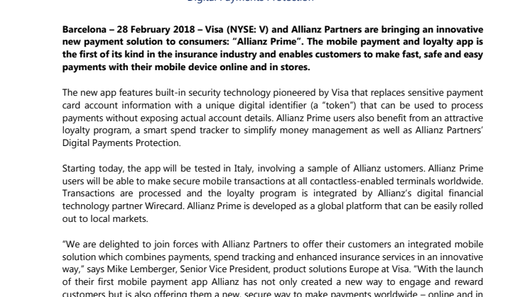 Visa et Allianz Partners apportent aux consommateurs une nouvelle solution de paiement innovante: "Allianz Prime"
