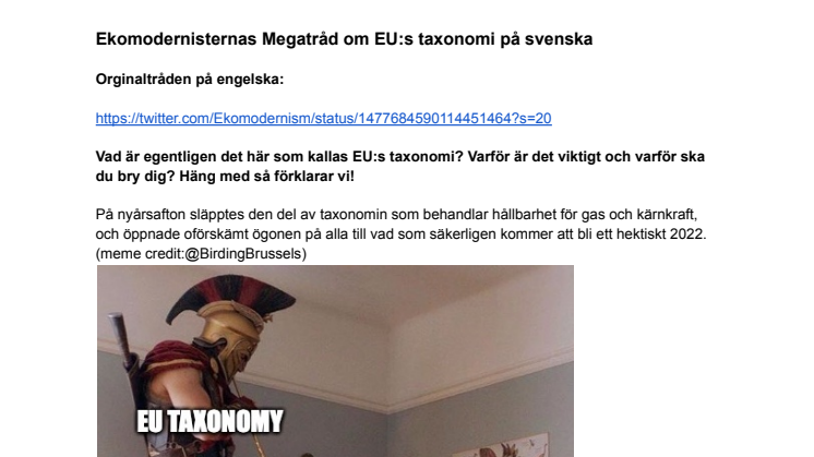 Ekomodernisternas megatråd "The EU Taxonomy mega-thread" finns nu sammanfattad på svenska