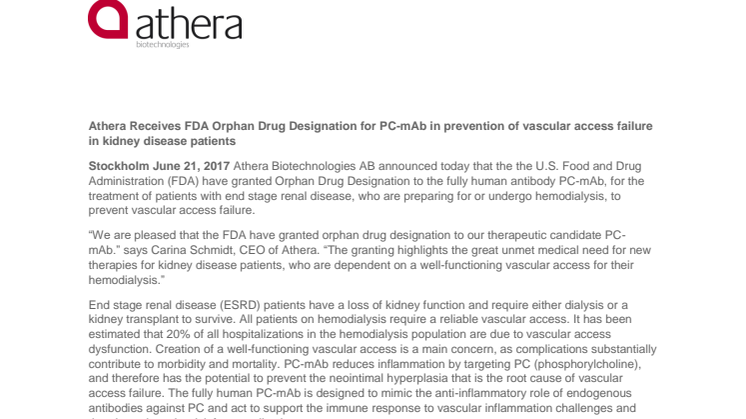 Athera Receives FDA Orphan Drug Designation for PC-mAb in prevention of vascular access failure in kidney disease patients 