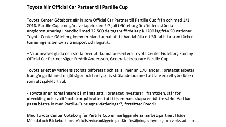 Toyota blir Official Car Partner till Partille Cup 