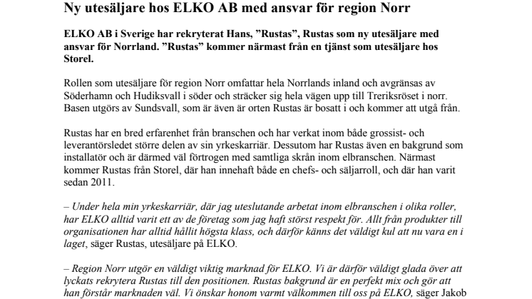 Ny utesäljare hos ELKO AB med ansvar för region Norr
