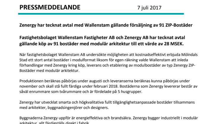 Zenergy har tecknat avtal med Wallenstam gällande försäljning av 91 Zenergy ZIP-Bostäder