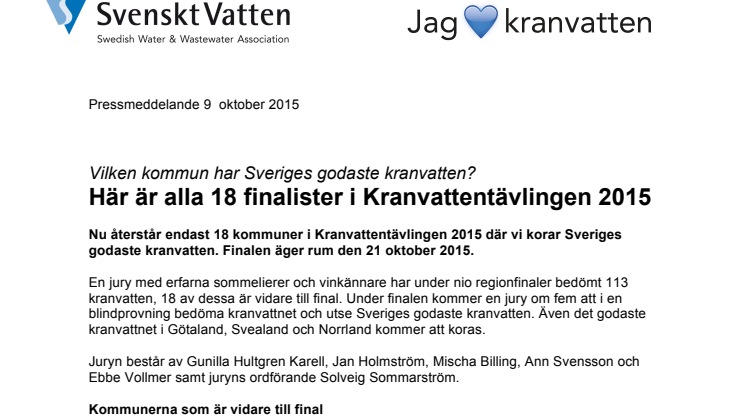 Vilken kommun har Sveriges godaste kranvatten? Här är alla 18 finalister i Kranvattentävlingen 2015