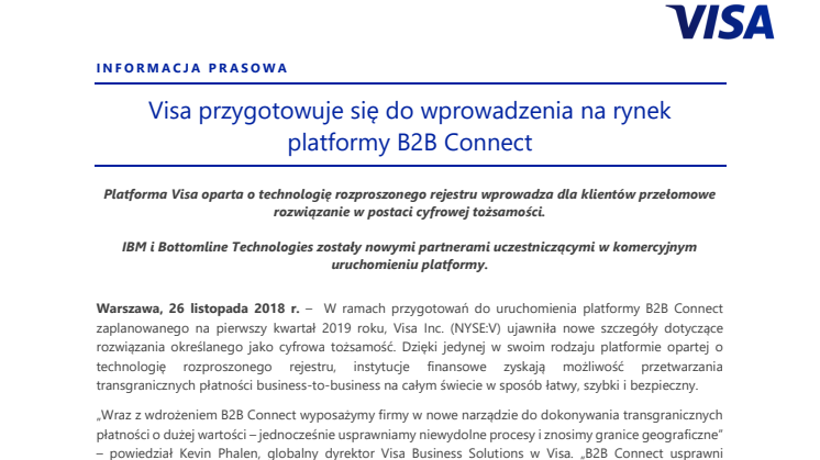 Visa przygotowuje się do wprowadzenia na rynek platformy B2B Connect