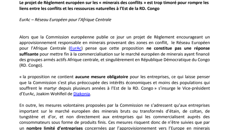 Pressmeddelande från EURAC, Europeiska nätverket för Centralafrika