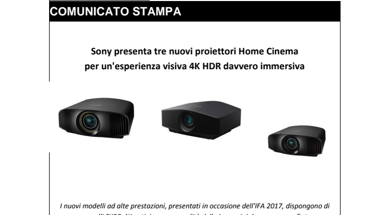 Sony presenta tre nuovi proiettori Home Cinema per un'esperienza visiva 4K HDR davvero immersiva