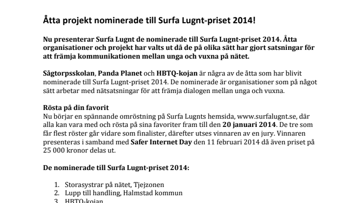 Åtta projekt nominerade till Surfa Lugnt-priset 2014!