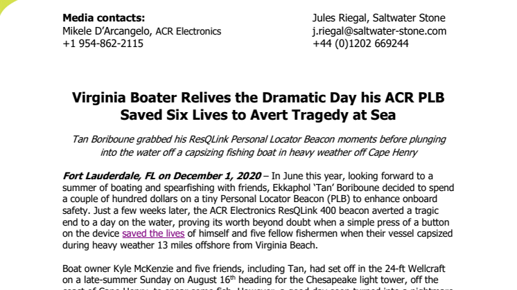 Virginia Boater Relives the Dramatic Day his ACR PLB Saved Six Lives to Avert Tragedy at Sea