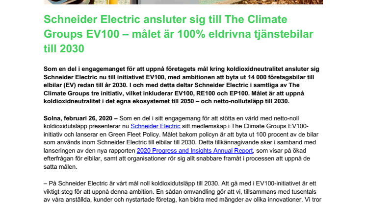 Schneider Electric ansluter sig till The Climate Groups EV100 – målet är 100% eldrivna tjänstebilar till 2030