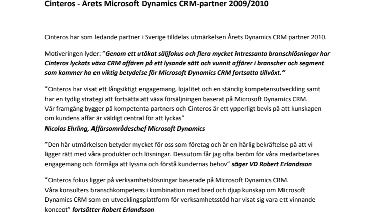 Cinteros har som ledande partner i Sverige tilldelats utmärkelsen Årets Dynamics CRM partner 2009/2010