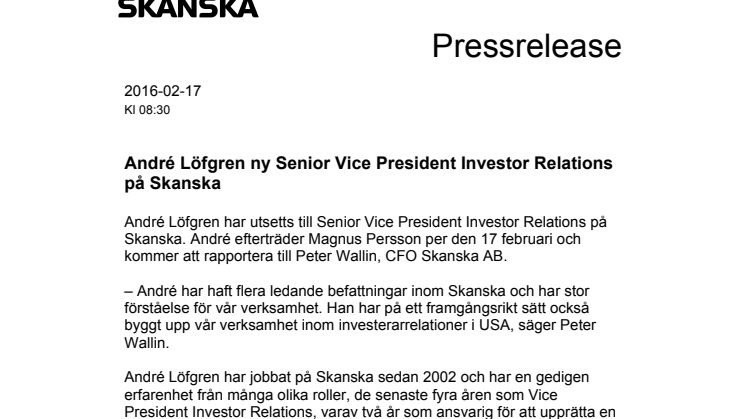 André Löfgren ny Senior Vice President Investor Relations på Skanska