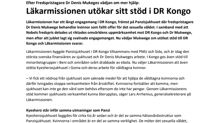 Efter Fredspristagare Dr Denis Mukeges vädjan om mer hjälp:   Läkarmissionen utökar sitt stöd i DR Kongo