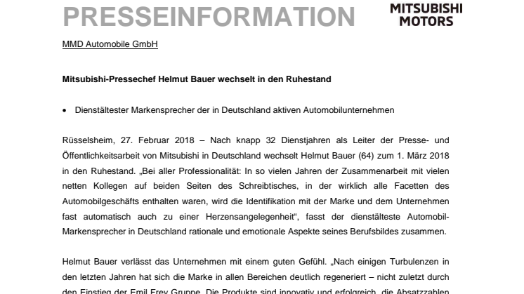 Mitsubishi-Pressechef Helmut Bauer wechselt in den Ruhestand 
