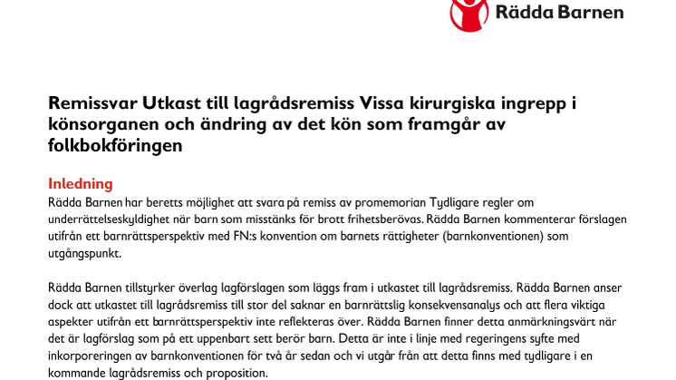 Rädda Barnen Remissvar Utkast till lagrådsremiss Vissa kirurgiska ingrepp i könsorganen och ändrign av det kön som framgår av folkbokföringen.pdf