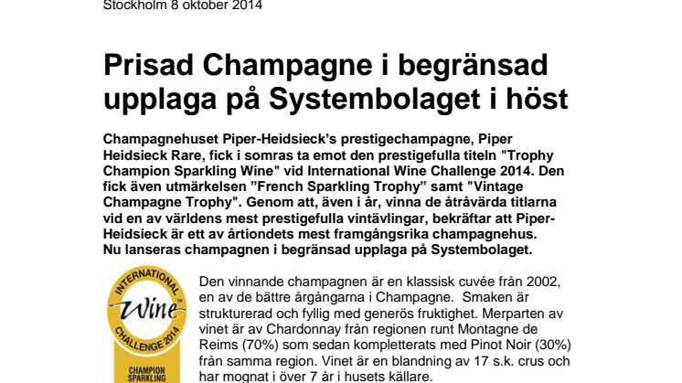 Prisad Champagne i begränsad upplaga på Systembolaget i höst