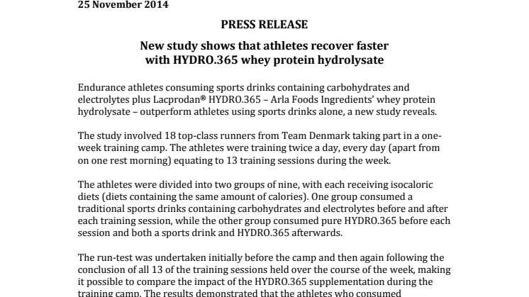 ​New study shows that athletes recover faster with HYDRO.365 whey protein hydrolysate