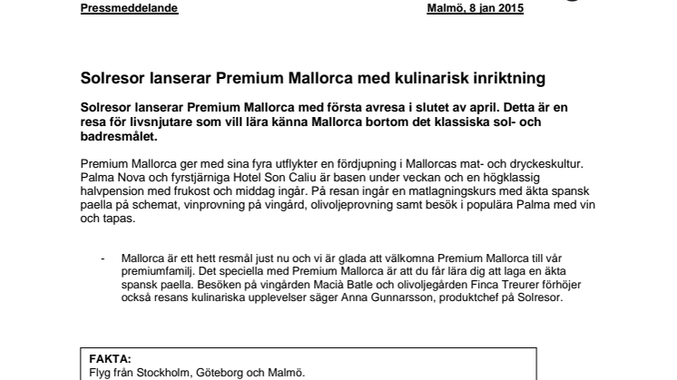 Solresor lanserar Premium Mallorca med kulinarisk inriktning