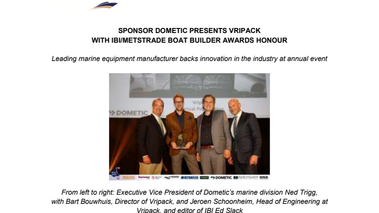 Dometic: Sponsor Dometic Presents Vripack with IBI/METSTRADE Boat Builder Awards Honour