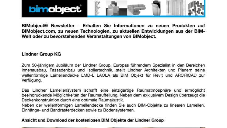 BIMobject® Newsletter - Neue BIM-Objekte von Lindner, Gerflor, Scandinavian Business Seating - Webinar zu COBie, Hackathon in Malmö / München