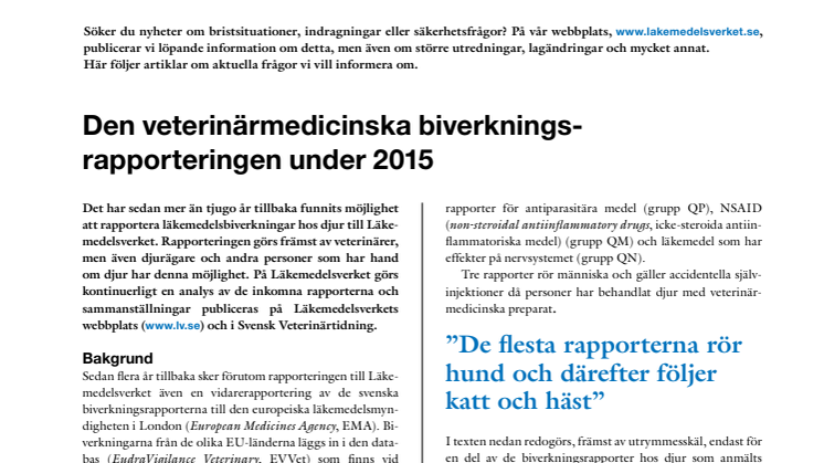 Veterinärmedicinsk biverkningsrapportering 2015
