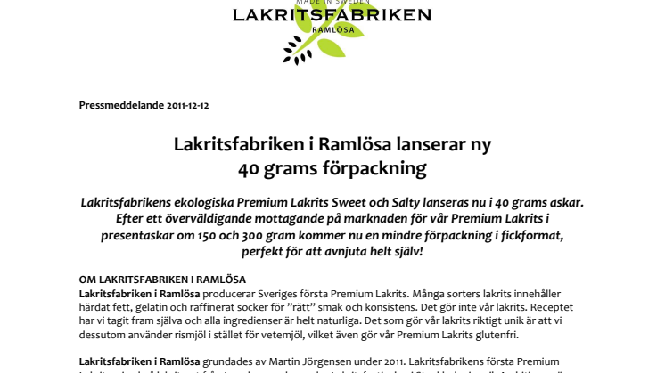 Lakritsfabriken i Ramlösa lanserar ny 40 grams förpackning