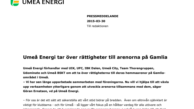 ​​Umeå Energi tar över rättigheter till arenorna på Gammlia 