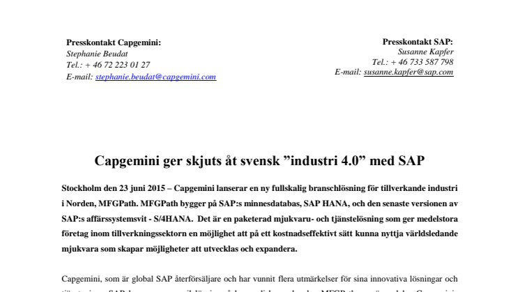 Capgemini ger skjuts åt svensk ”industri 4.0” med SAP