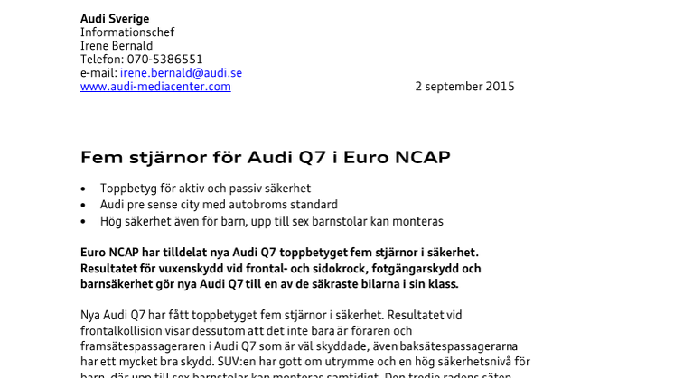 Fem stjärnor för Audi Q7 i Euro NCAP