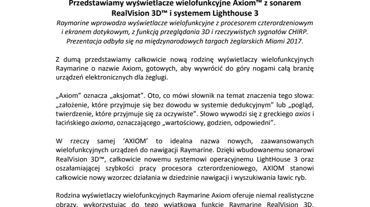 Raymarine: Przedstawiamy wyświetlacze wielofunkcyjne Axiom™ z sonarem RealVision 3D™ i systemem Lighthouse 3