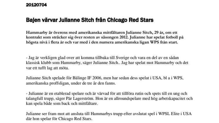 Bajen värvar Julianne Sitch från Chicago Red Stars