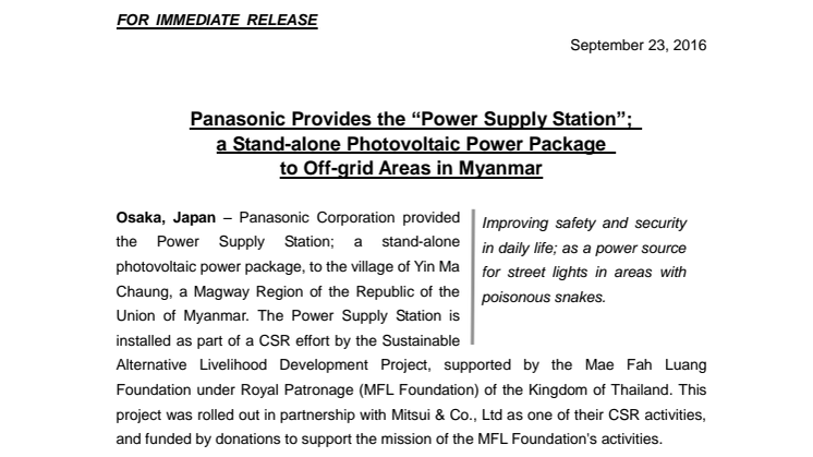 Panasonic Provides the “Power Supply Station”;  a Stand-alone Photovoltaic Power Package  to Off-grid Areas in Myanmar