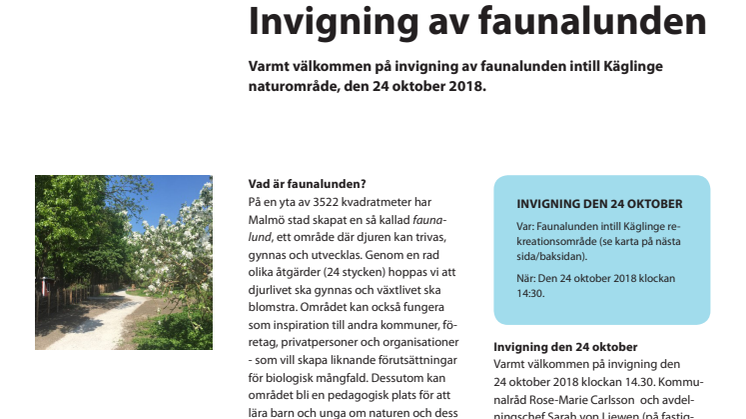 Inbjudan till invigning av faunalunden i Käglinge 24 oktober