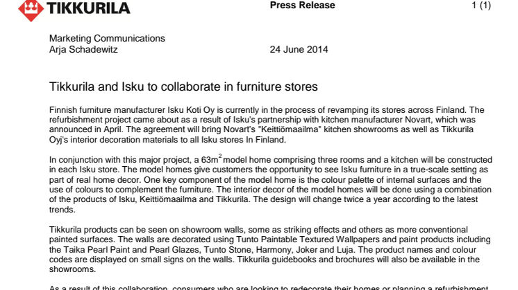 Tikkurila and Isku to collaborate in furniture stores