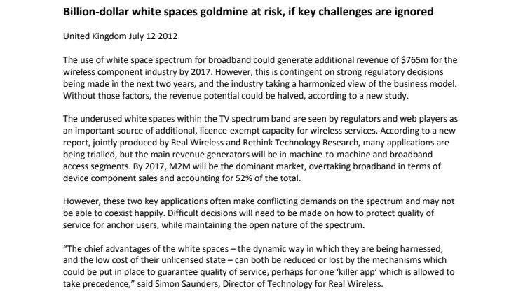Billion-dollar white spaces goldmine at risk, if key challenges are ignored