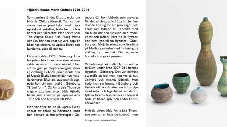 Folder om Hjördis Oldfors (1920-2014), keramisk formgivare vid Upsala-Ekeby i anslutning till utställning på Uppsala konstmuseum 20 maj - 22 november 2015