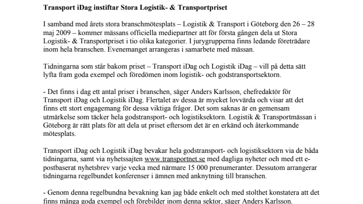 Transport iDag instiftar Stora Logistik- & Transportpriset